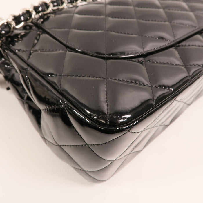 Chanel Black Jumbo Patent Leather Double Flap Silver hardware