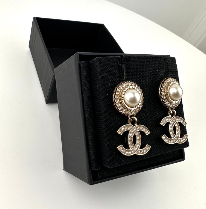 Chanel Pearl White Gold Crystal Earrings