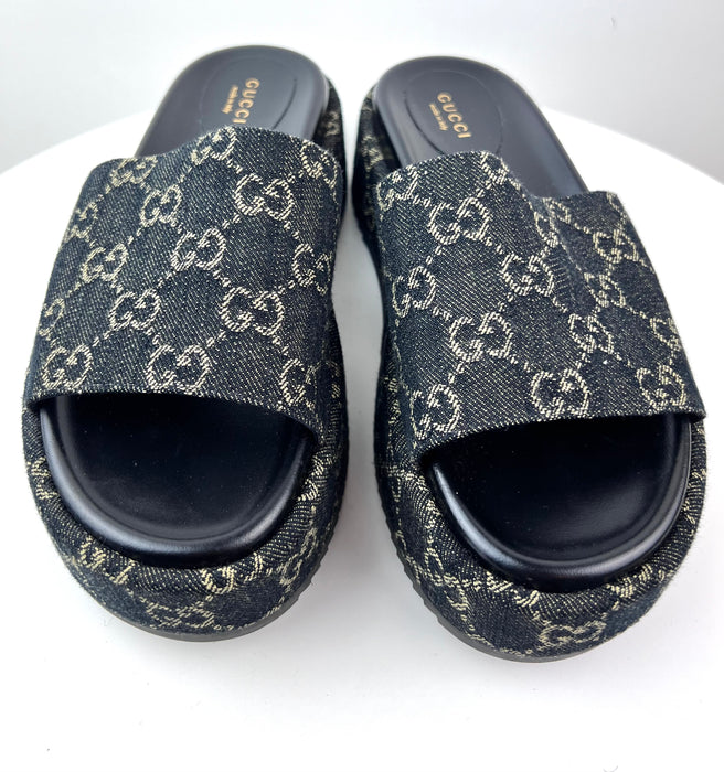 Gucci Platform Slide Sandal in Black and Ivory GG Denim