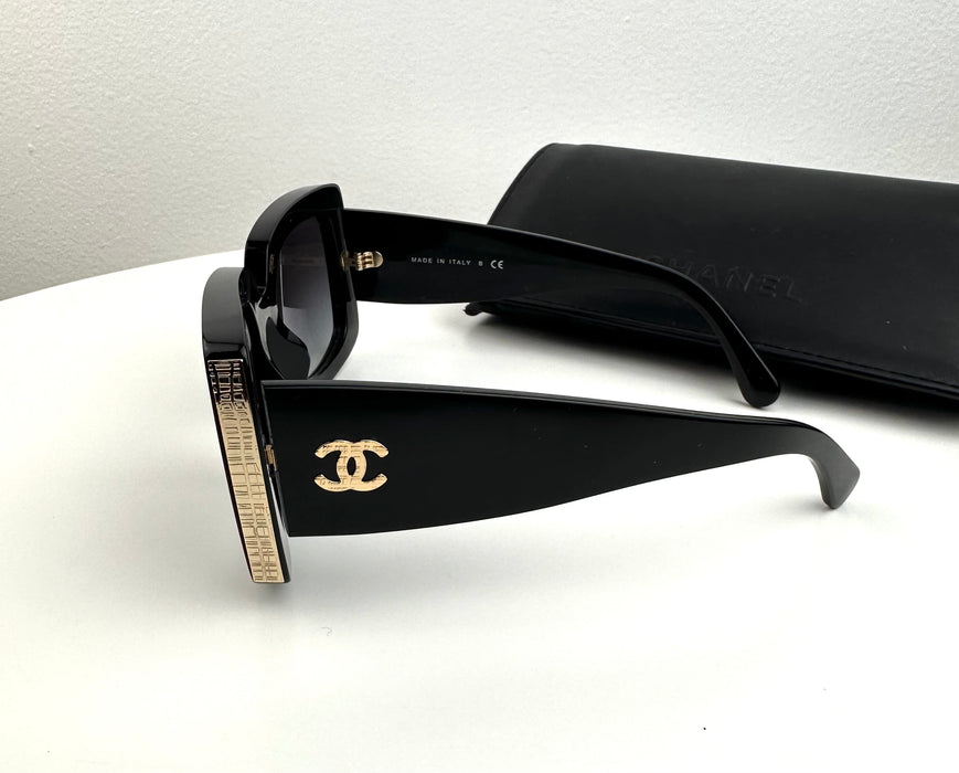 Chanel Black Rectangle Sunglasses with Gold