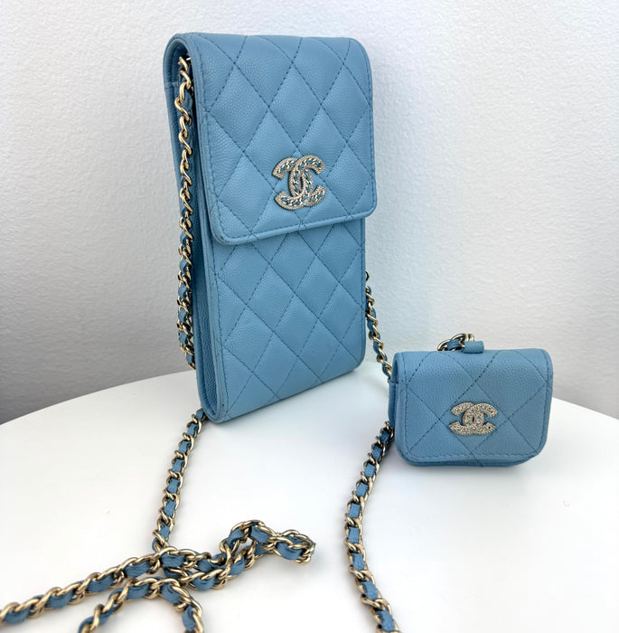 Chanel Crossbody Chain with AirPods Case Light Blue