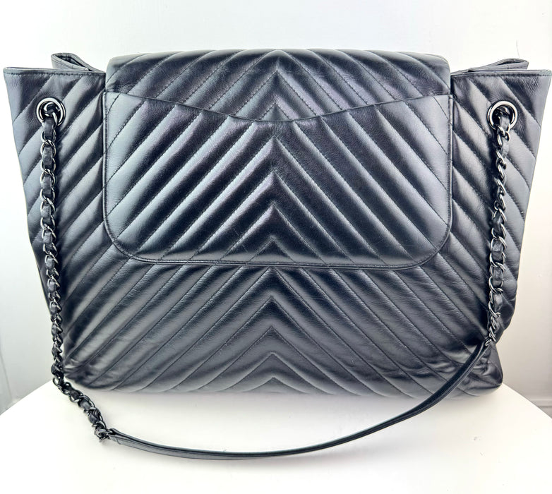 Chanel So Black Classic Flap Shopping Tote Chevron Lambskin Large