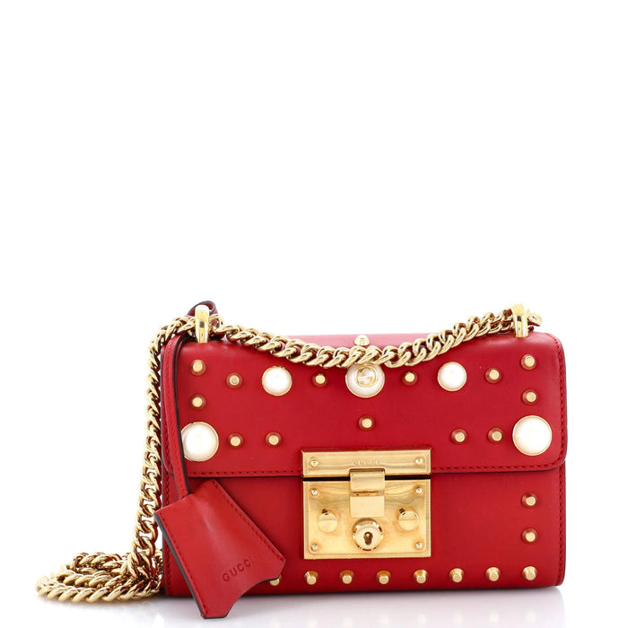 Gucci Calfskin Studded Small Padlock Shoulder Bag Hibiscus Red