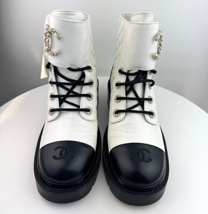Chanel Women Lace Up Boots White and Black