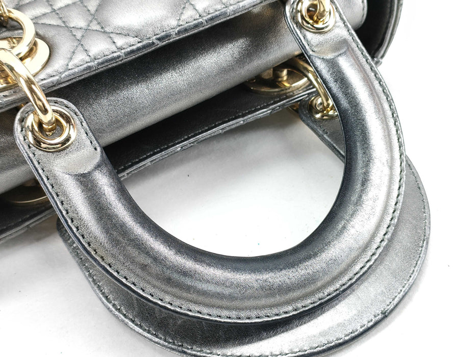 Dior Lady Cannage Leather Handbag Metallic Silver small