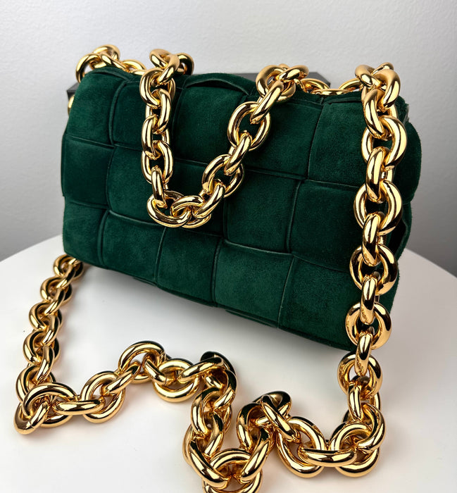 Bottega Veneta Chain Cassette Padded Suede Shoulder Bag Green