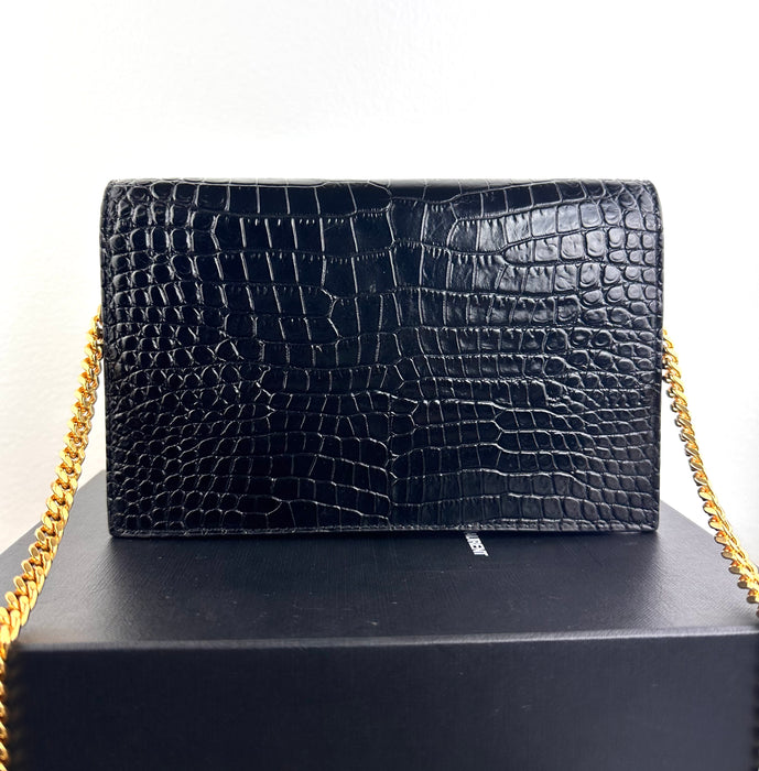 Saint Laurent Monogram Kate Tassel Wallet On Chain Croc Embossed