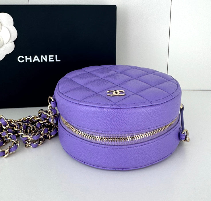 Caviar Quilted Round Clutch With Chain Purple