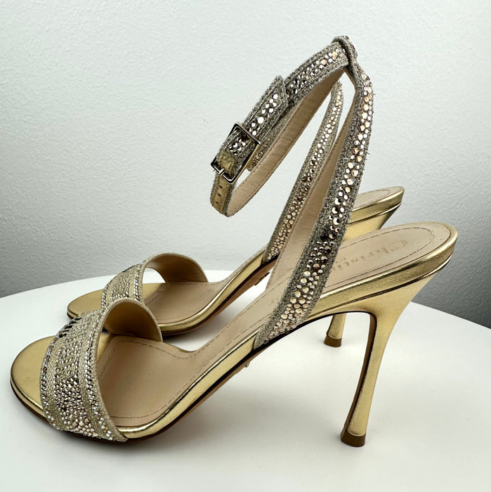 Dior Dway Heeled Sandal Gold-Tone Cotton Embroidered with Metallic & Strass