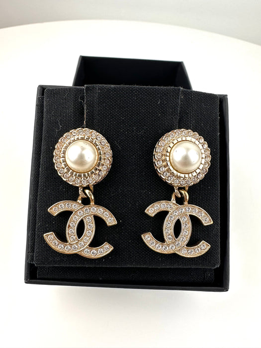 Chanel Pearl White Gold Crystal Earrings