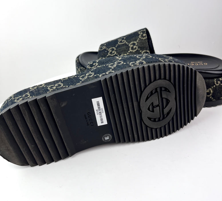 Gucci Platform Slide Sandal in Black and Ivory GG Denim