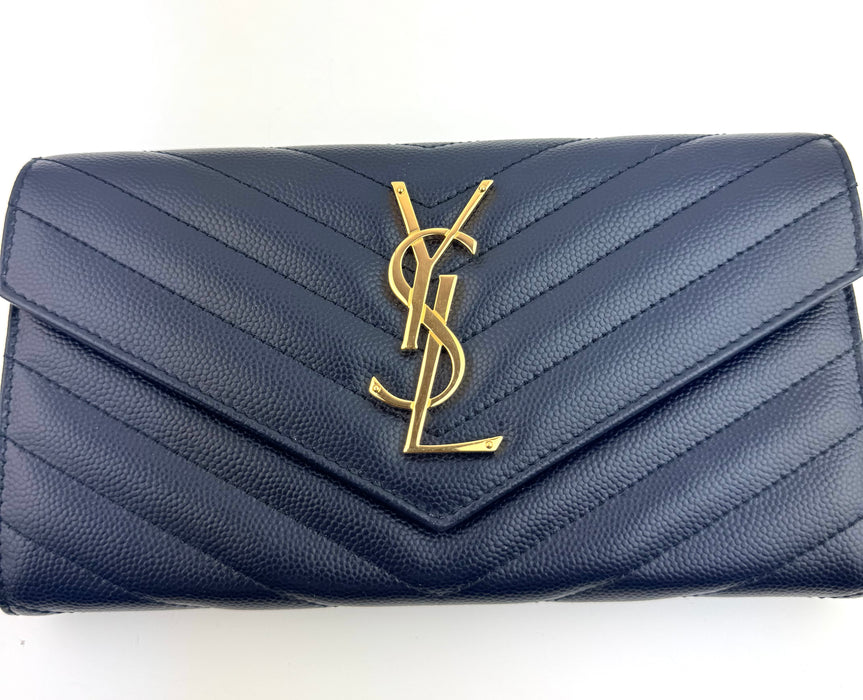 Saint Laurent Large Flap Wallet in Navy  Leather with Gold Hardware