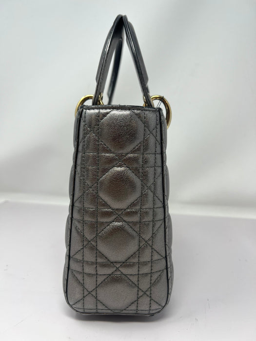 Dior Lady Cannage Leather Handbag Metallic Silver small