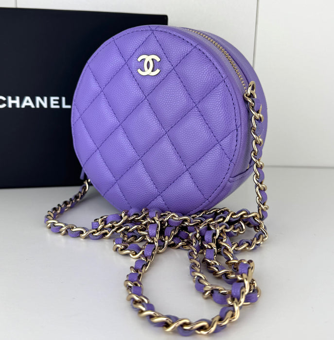 Caviar Quilted Round Clutch With Chain Purple