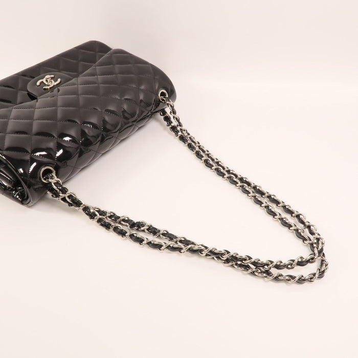 Chanel Black Jumbo Patent Leather Double Flap Silver hardware