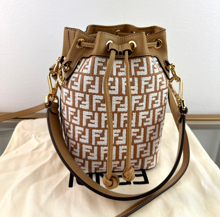 Fendi Mon Tresor Rafia Bucket Bag with Chenille FF Logo