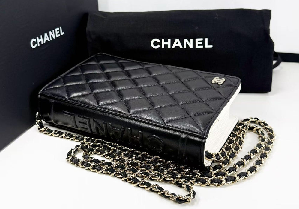 Chanel Lambskin Quilted Book Wallet On Chain WOC Black