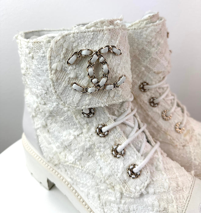 Chanel Women Lace Up Boots White Tweed