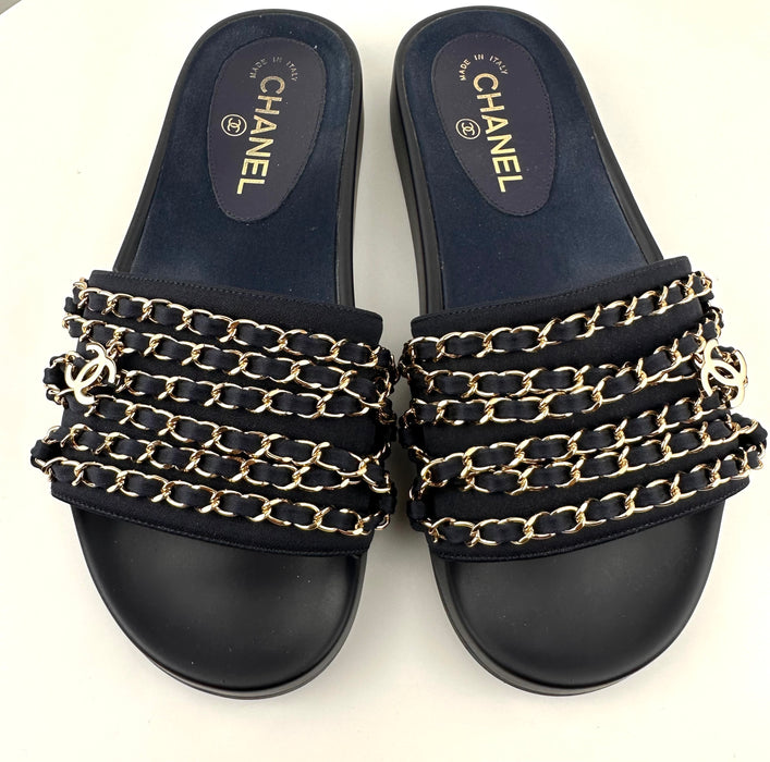 Chanel CC Flat Mules Marine 38