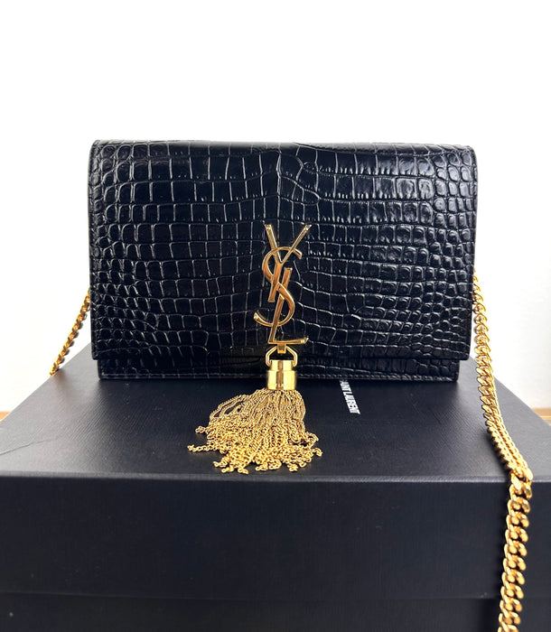 Saint Laurent Monogram Kate Tassel Wallet On Chain Croc Embossed