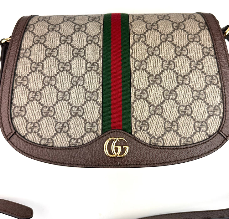 Gucci GG Supreme Monogram Web Ophidia Flap Messenger Bag Brown