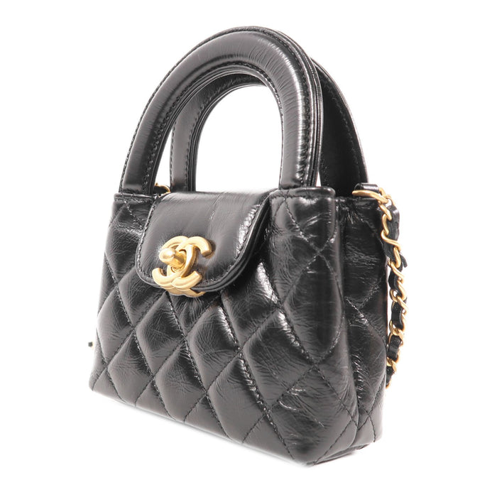 Chanel Shiny Aged Calfskin Quilted Mini Nano Kelly Shopper Black