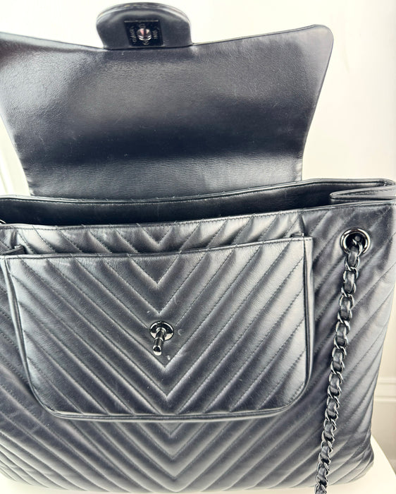 Chanel So Black Classic Flap Shopping Tote Chevron Lambskin Large