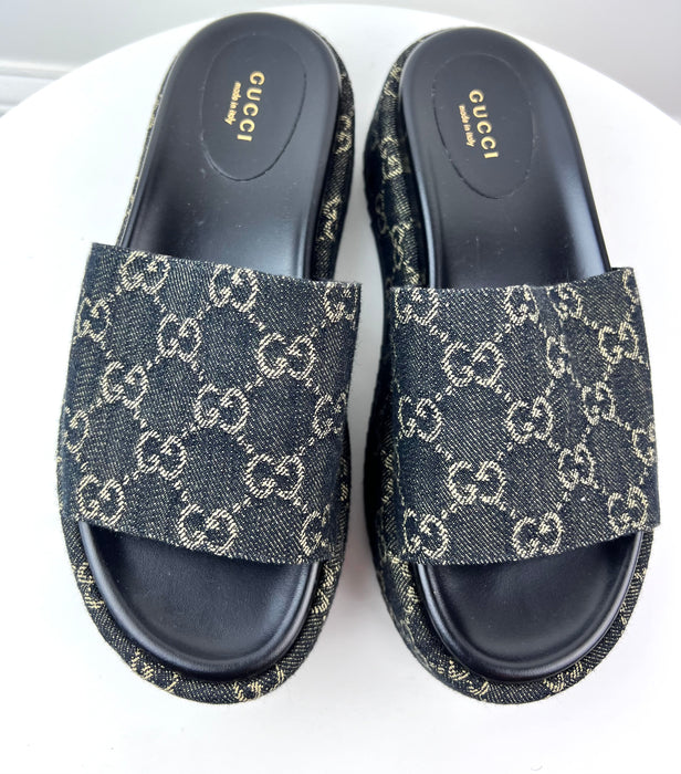 Gucci Platform Slide Sandal in Black and Ivory GG Denim