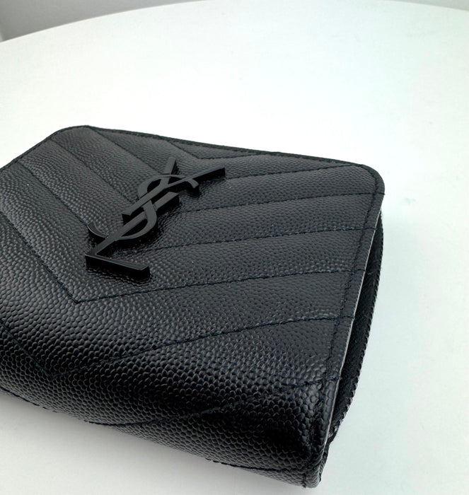 Saint Laurent Matelasse Chevron Monogram Compact Zip Around Wallet Black