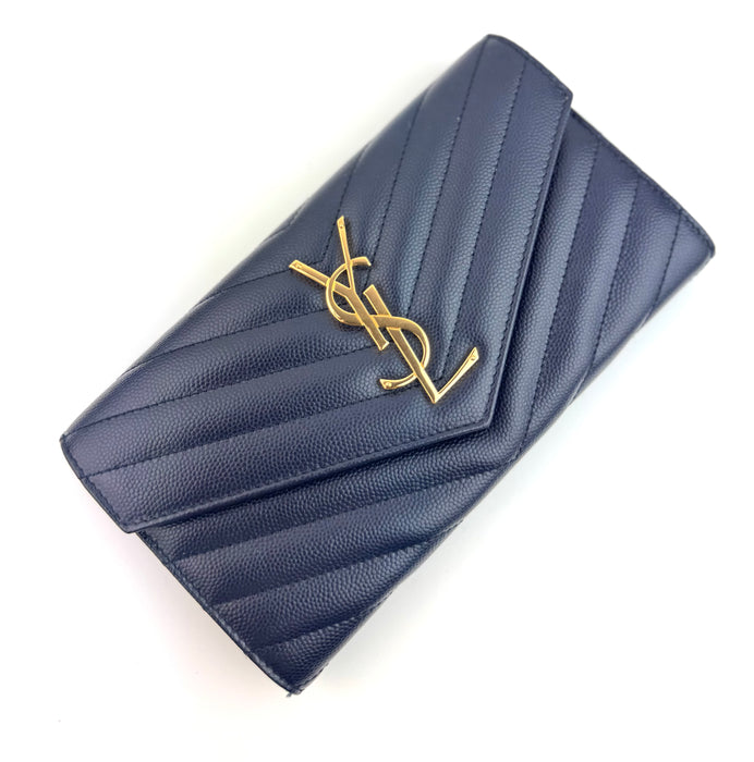 Saint Laurent Large Flap Wallet in Navy  Leather with Gold Hardware