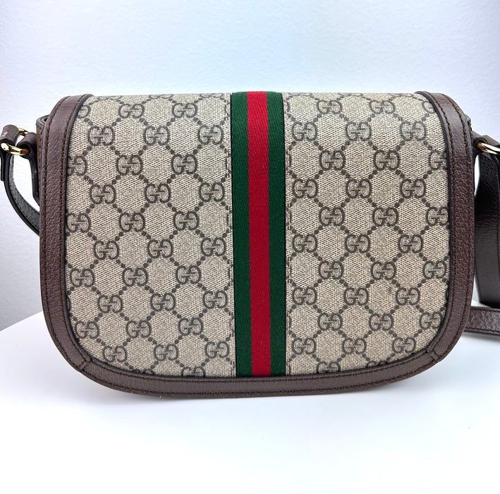 Gucci GG Supreme Monogram Web Ophidia Flap Messenger Bag Brown