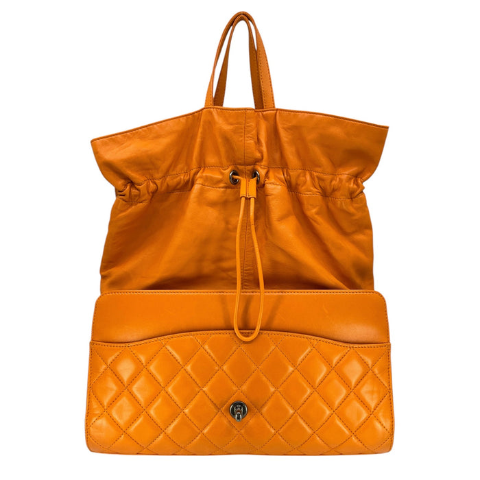 Chanel Orange Leather Grocery By Chanel Drawstring Flap Bag