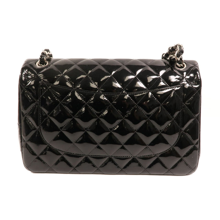 Chanel Black Jumbo Patent Leather Double Flap Silver hardware