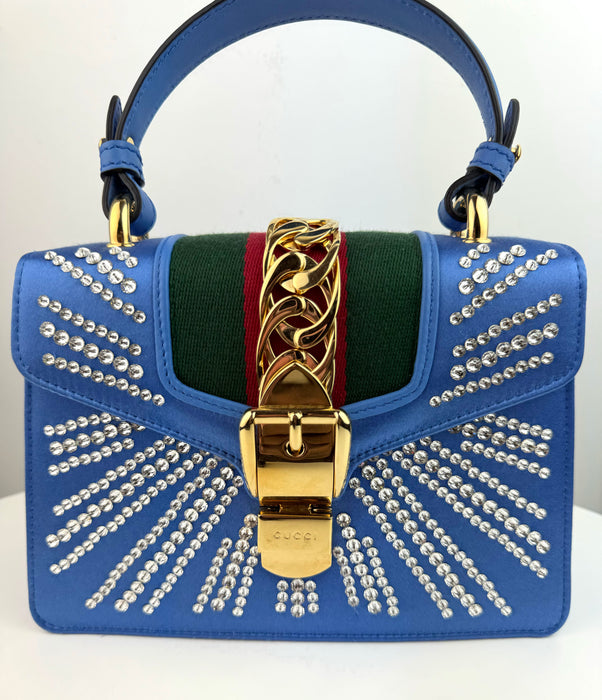 Gucci Satin Blue Sylvie Crystal Mini Bag