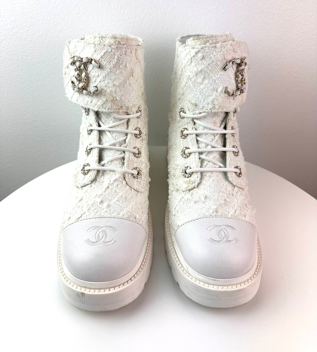 Chanel Women Lace Up Boots White Tweed