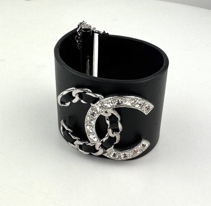 Chanel Lambskin Baguette Crystal CC Chain Cuff Bracelet black