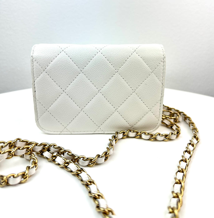 Chanel Caviar Quilted Flap Card Holder On Chain white