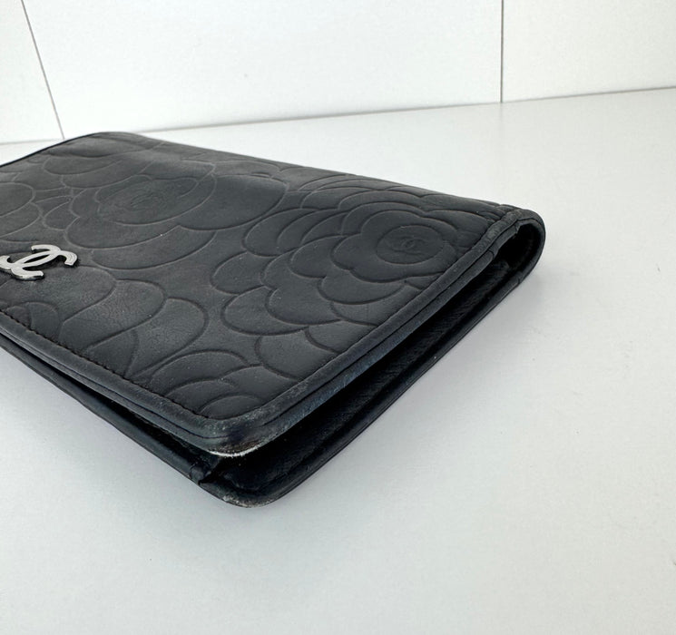 Chanel Camellia embossed lambskin leather flap wallet