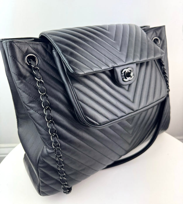 Chanel So Black Classic Flap Shopping Tote Chevron Lambskin Large