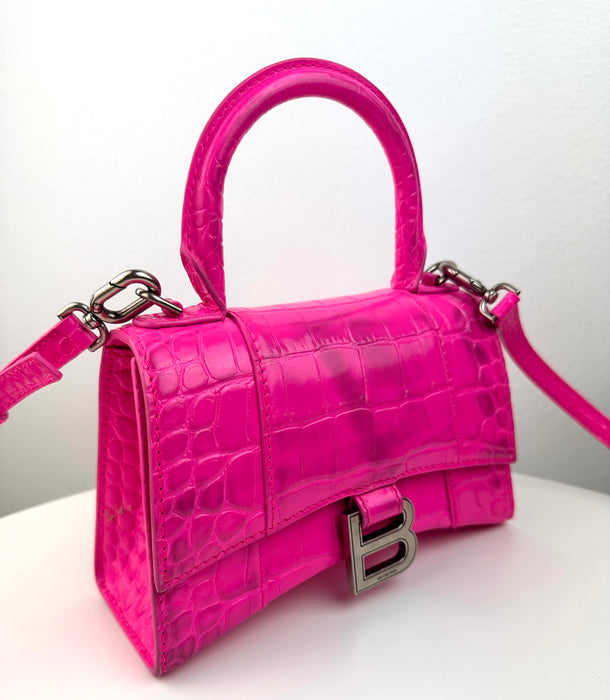 Balenciaga Pink Croc Embossed Hourglass XS Top-handle Bag