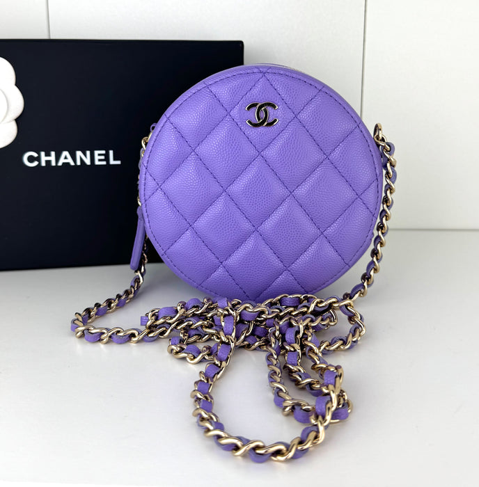 Caviar Quilted Round Clutch With Chain Purple