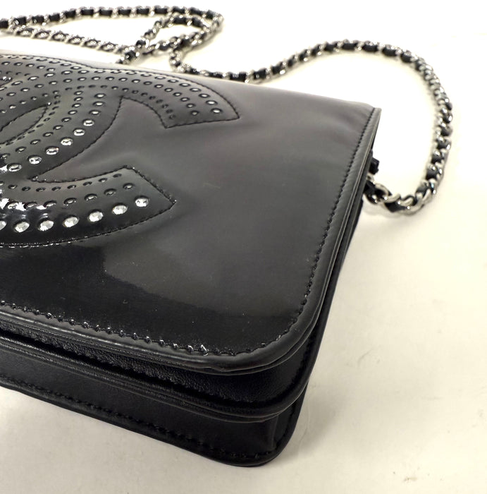 Chanel Black Patent Leather Crystal CC Wallet on a Chain