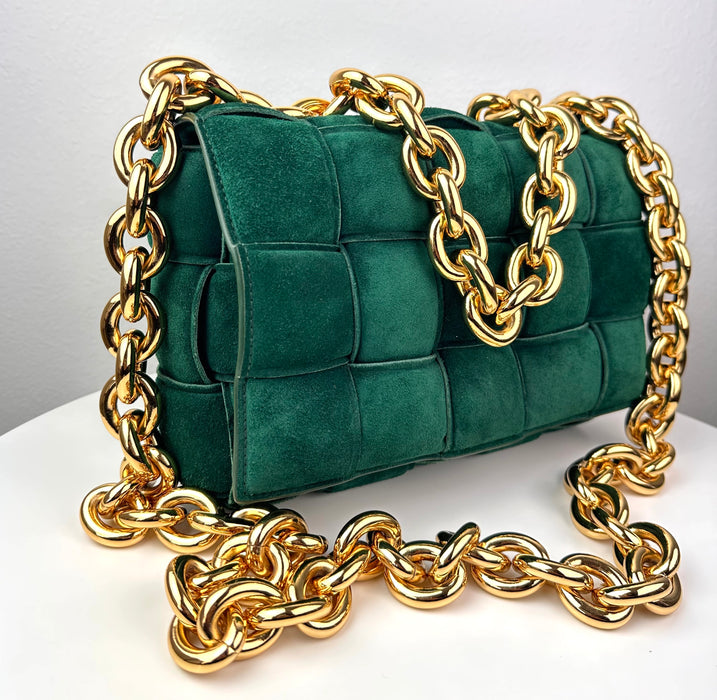 Bottega Veneta Chain Cassette Padded Suede Shoulder Bag Green