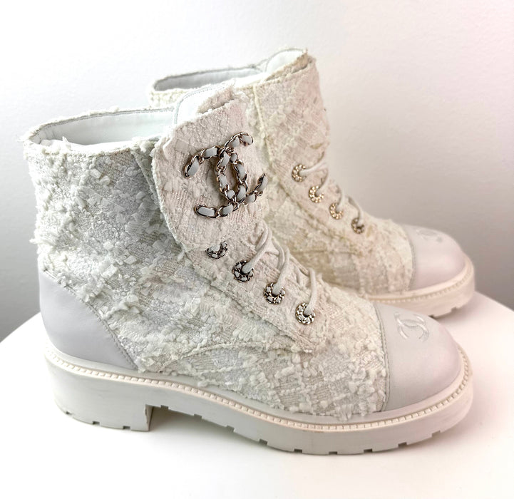 Chanel Women Lace Up Boots White Tweed