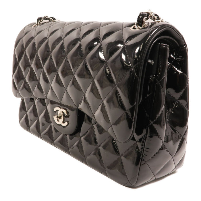 Chanel Black Jumbo Patent Leather Double Flap Silver hardware