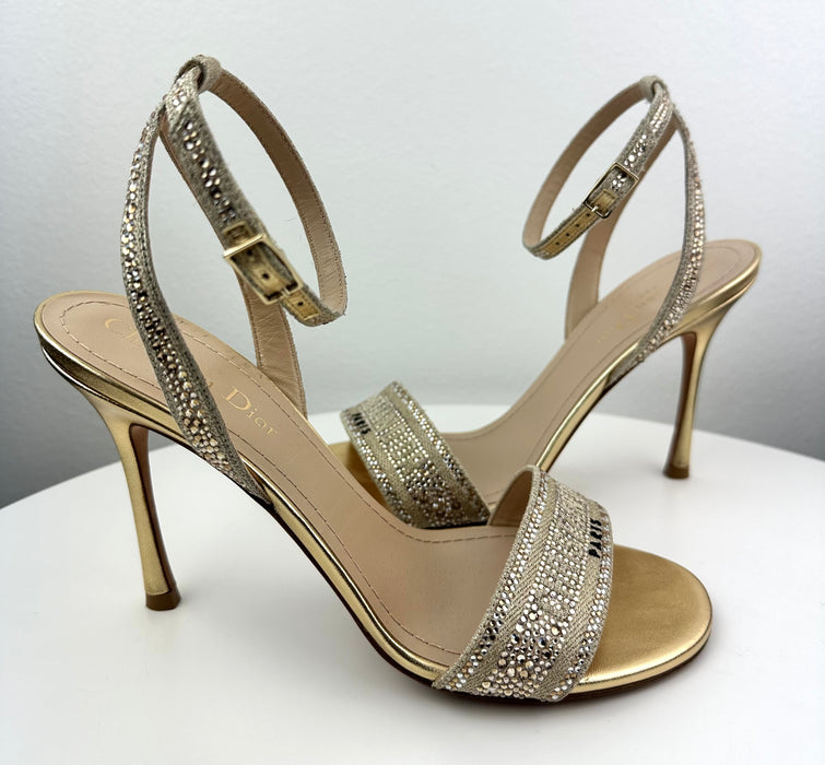 Dior Dway Heeled Sandal Gold-Tone Cotton Embroidered with Metallic & Strass