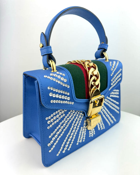 Gucci Satin Blue Sylvie Crystal Mini Bag