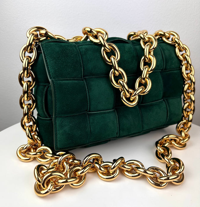 Bottega Veneta Chain Cassette Padded Suede Shoulder Bag Green