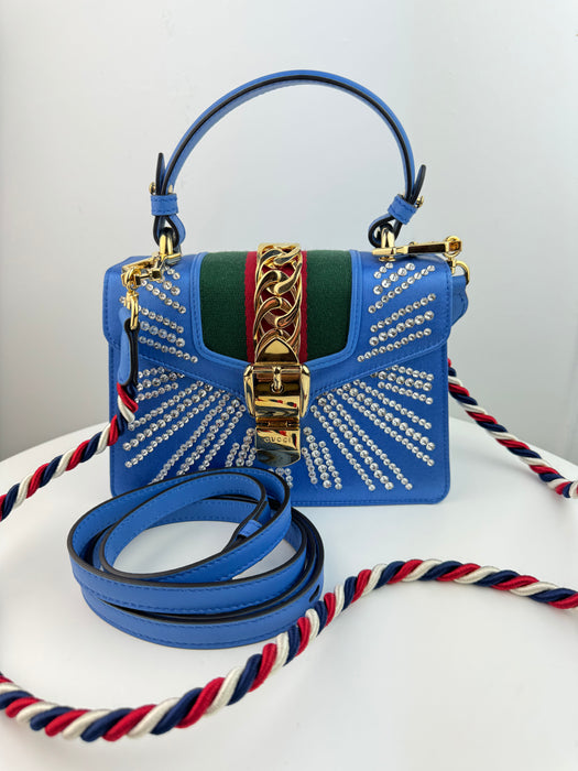 Gucci Satin Blue Sylvie Crystal Mini Bag