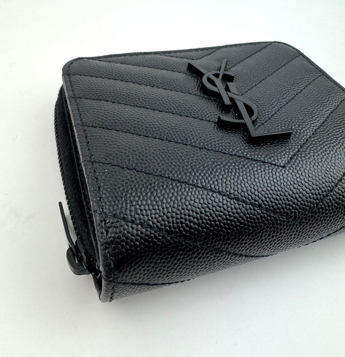 Saint Laurent Matelasse Chevron Monogram Compact Zip Around Wallet Black